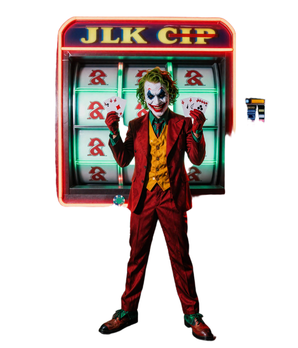 Graffiti-Joker-Maskottchen vor leuchtenden Slot-Rollen mit Karten und Casino-Chips in Neon-rot, gelb und gr&uuml;n