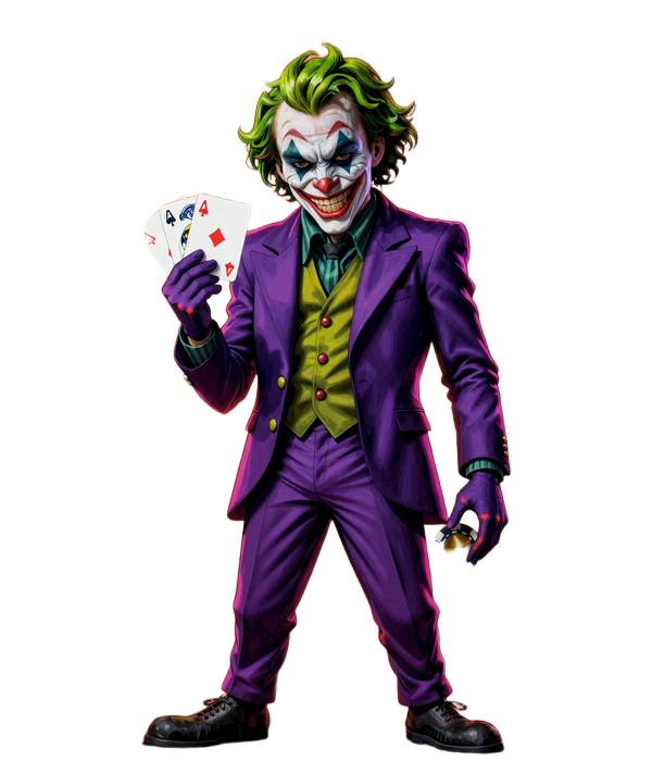 Graffiti-Joker als Casino-Maskottchen mit Karten und Chips in neon-roten, gelben und gr&uuml;nen Spr&uuml;hfarben auf dunkler Wand